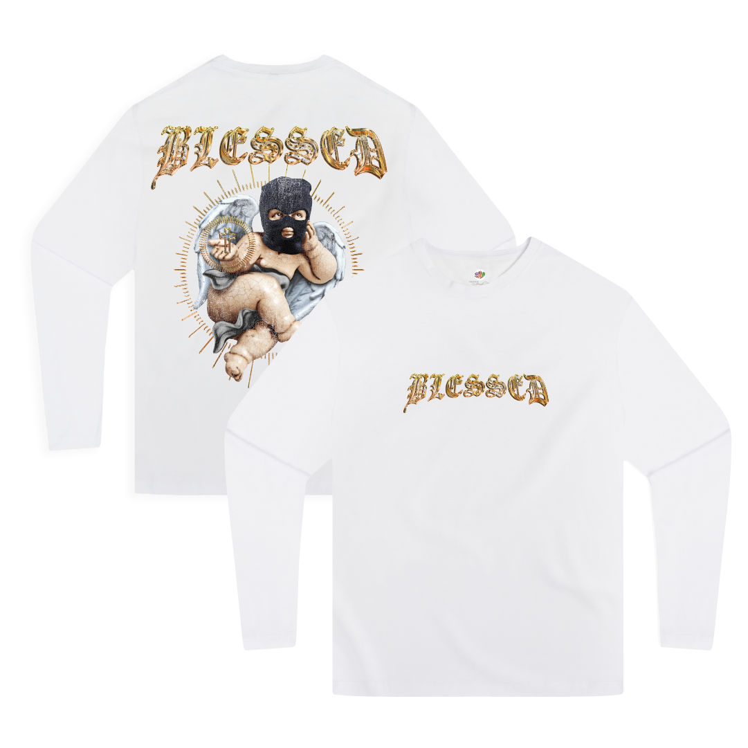 Front and Back Image of zdropped's best selling blessed white long sleeve tee.
