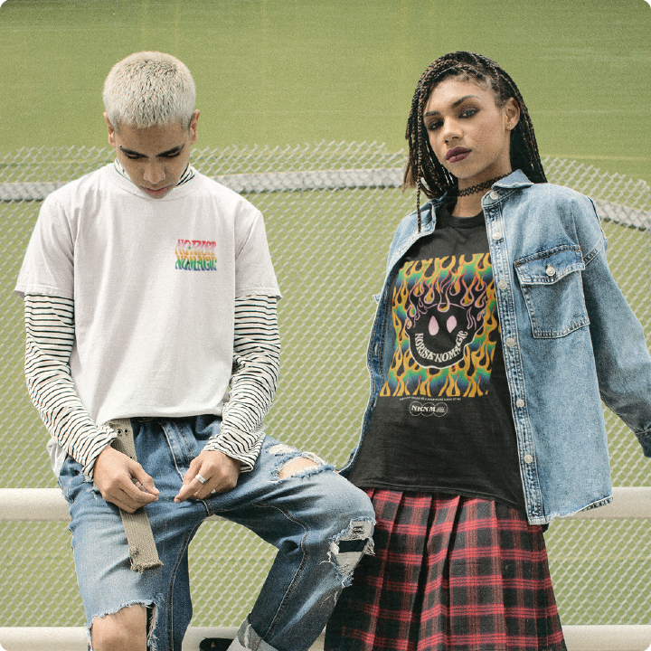 A young man and woman wearing a zdropped no risk no magic tee designed by Mark Dayap Aquino 