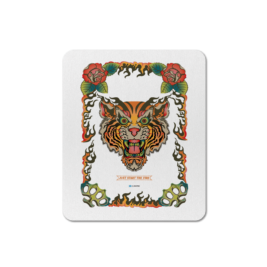Mouse pad with a tiger design and floral elements on a white background