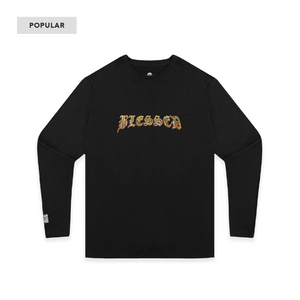 Black unisex long-sleeve shirt with gold "blessed" text on a white background