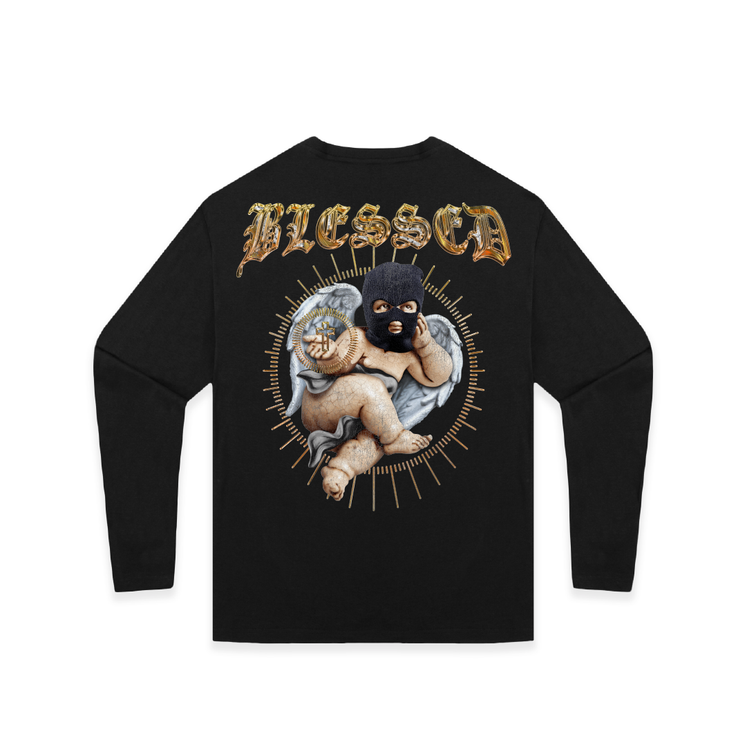 Rear view of a unisex black long sleeve tee shirt with a cherub graphic and metalic gold 'Blessed' text on a white background