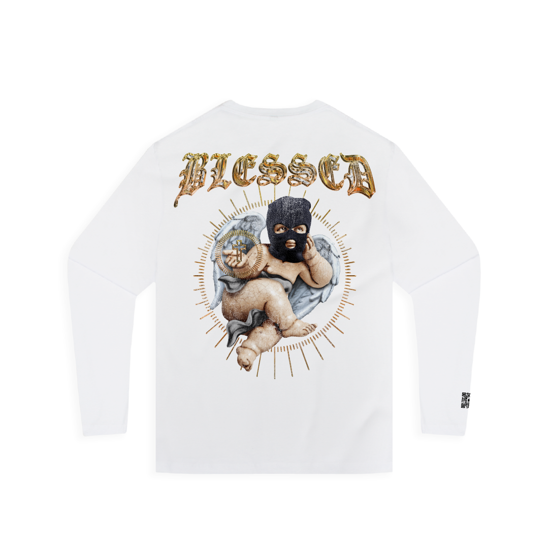 Rear view of a white long sleeve tee shirt with a cherub graphic and metalic gold 'Blessed' text on a white background