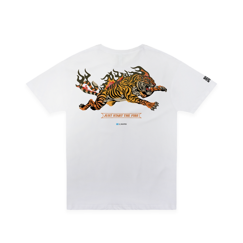 White t-shirt with a tiger graphic design on a white background
