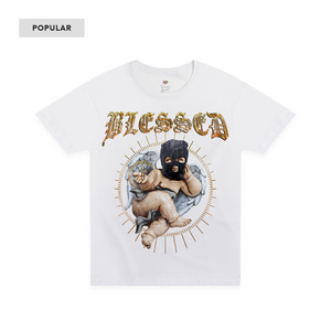 Front view of a unisex white tee shirt with a cherub graphic and gold "Blessed" text on a white background
