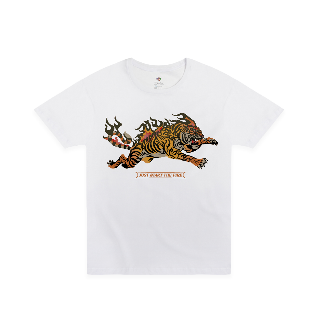 White t-shirt with a tiger graphic and text on a white background