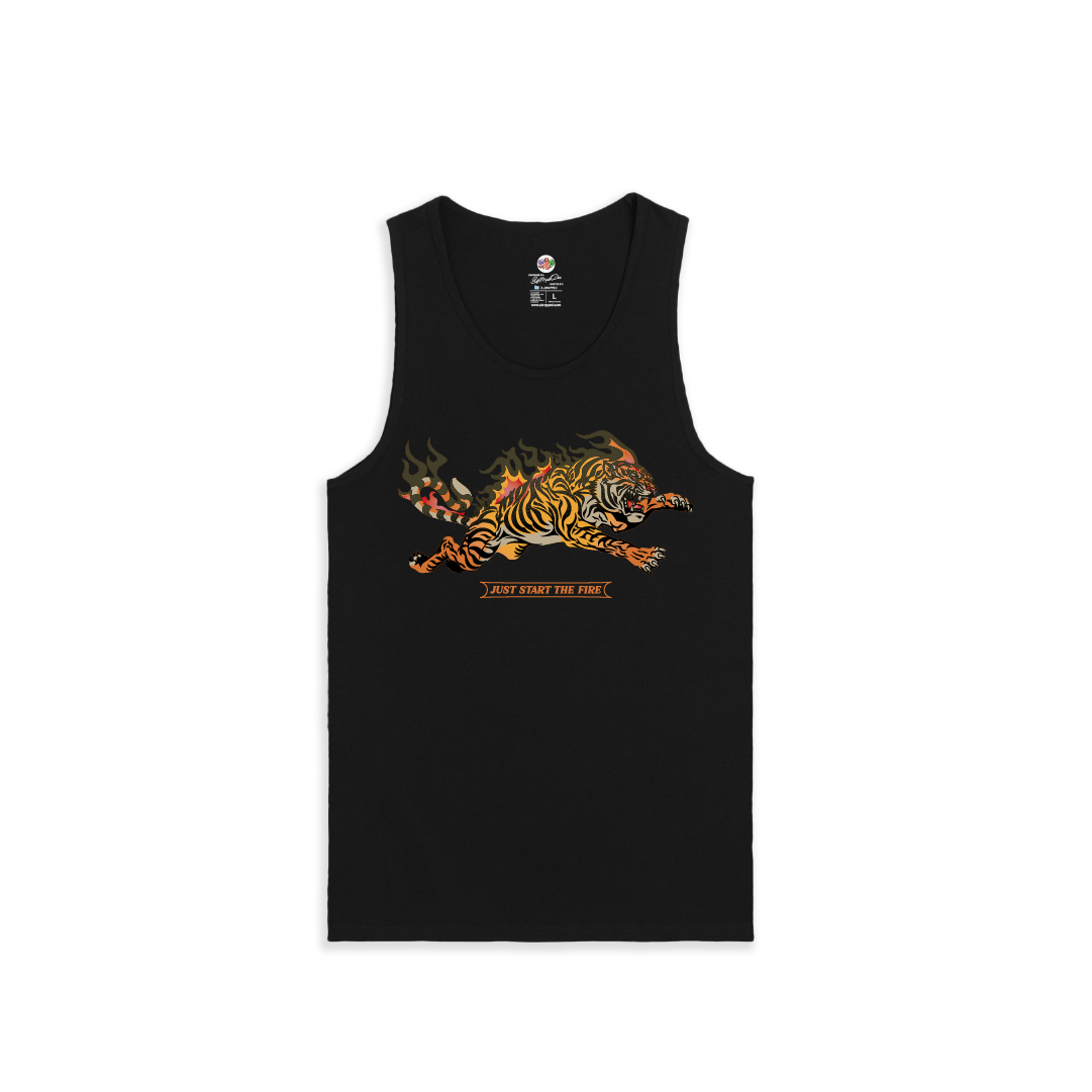 Black tank top with a colorful tiger design and text on a white background