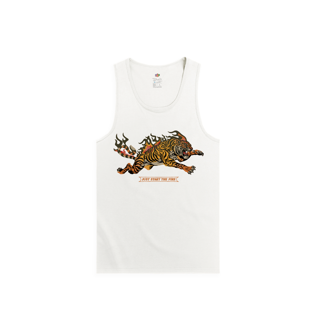 White tank top with 'flaming tiger' graphic design on a white background