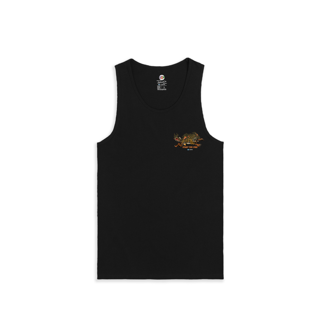 Black tank top with a small logo on the chest against a white background