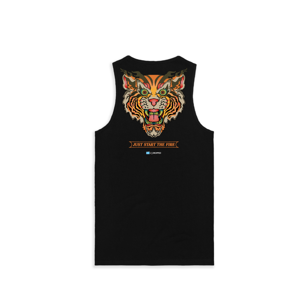 Black tank top with a tiger graphic and text on a white background