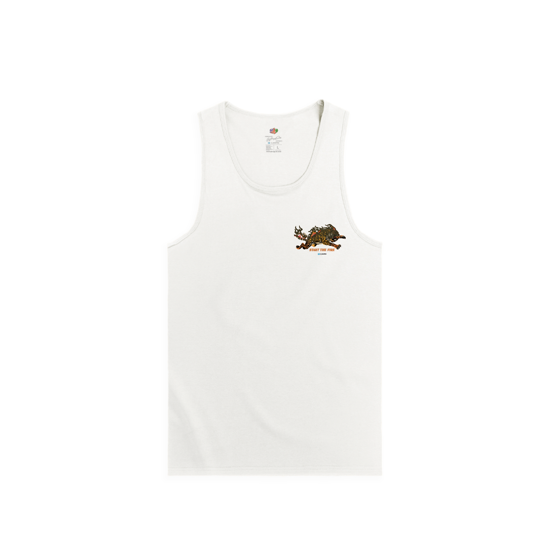 White tank top with a small logo on a white background