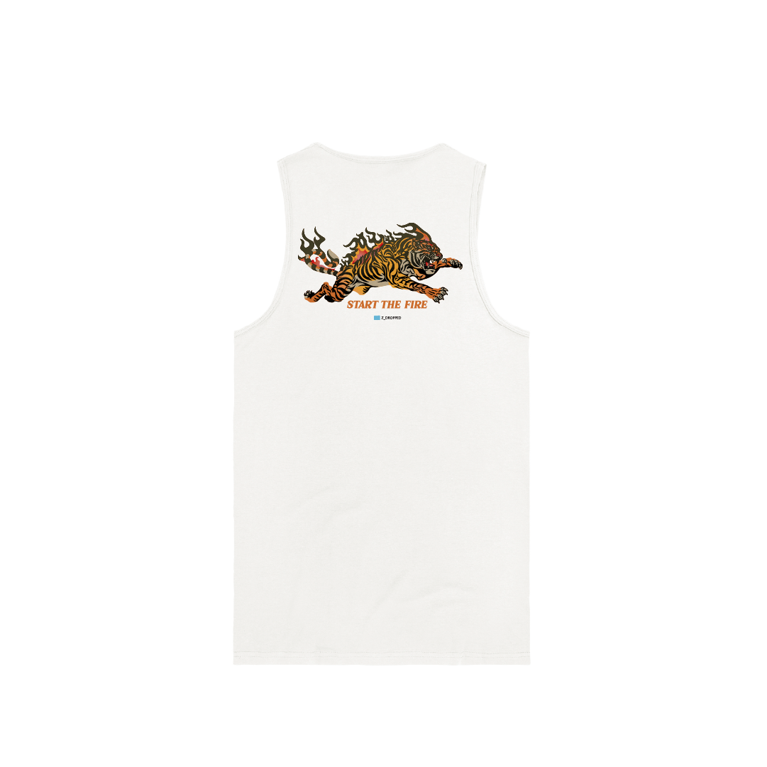 White tank top with an exotic tiger graphic on a white background