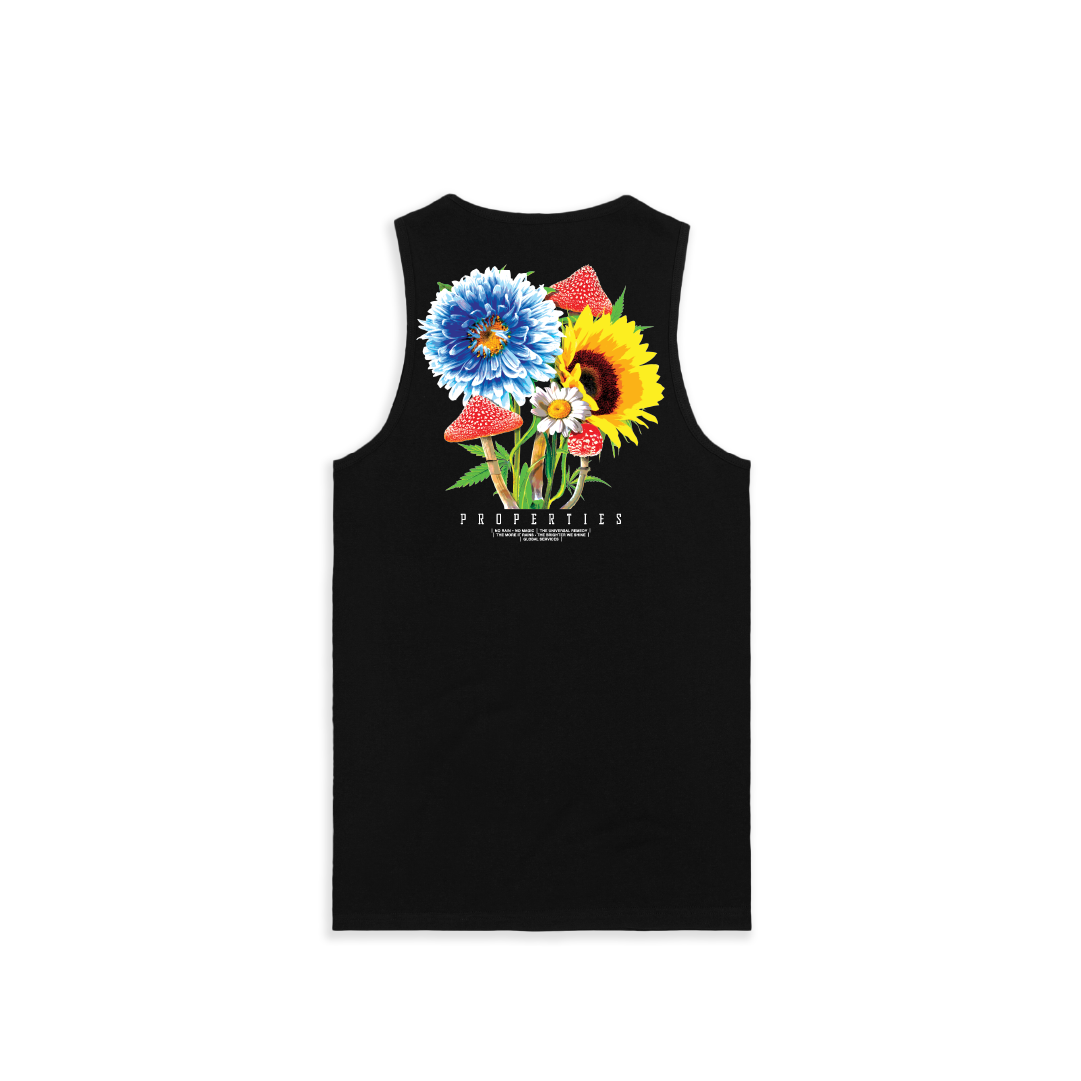 Rear view of a unisex black tank top with flowers magic mushrooms and white text.