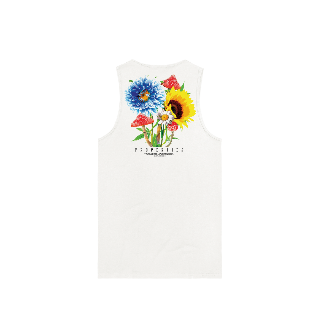 Rear view of a unisex white tank top with flowers magic mushrooms and white text.