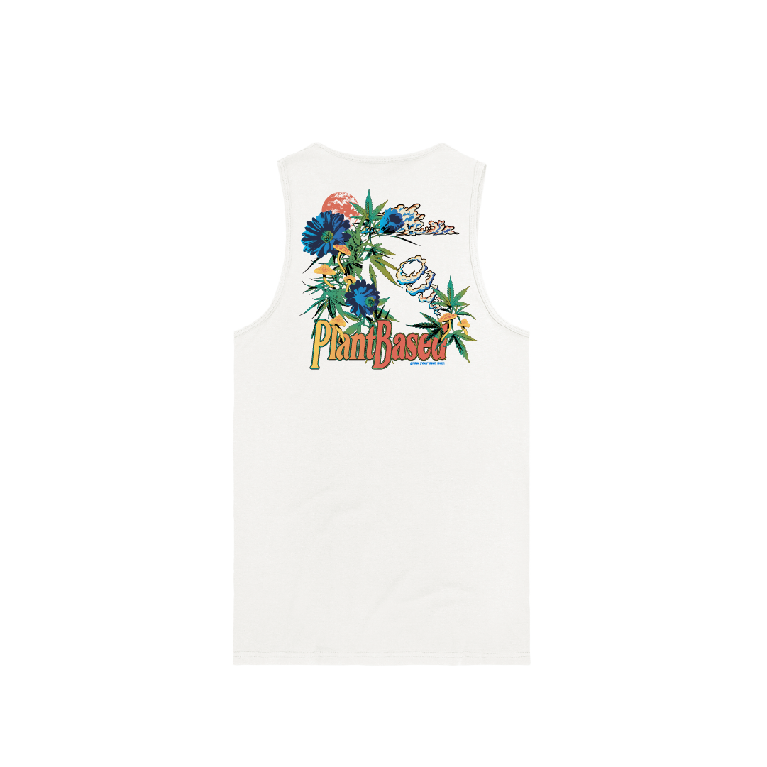 Rear view of a unisex white tank top with a large floral weed leaf design and colorful 'Plant Based' text with mushrooms on a white background.