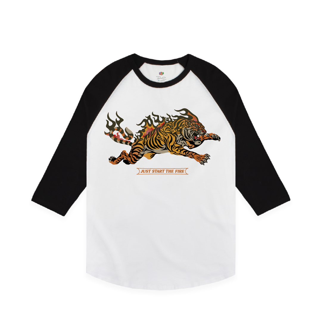 Baseball shirt with a tiger graphic and text on a white background