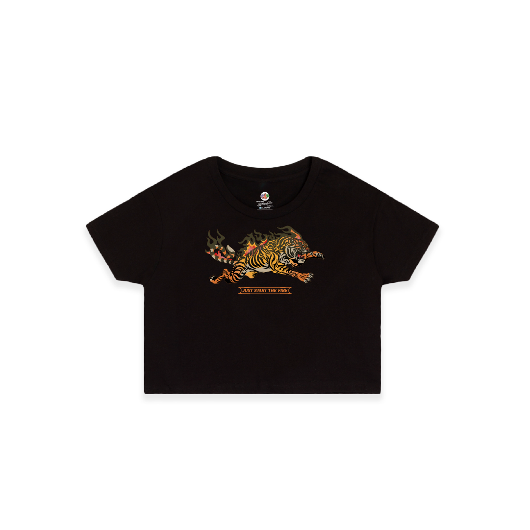 Black crop top t-shirt with a tiger graphic on a white background