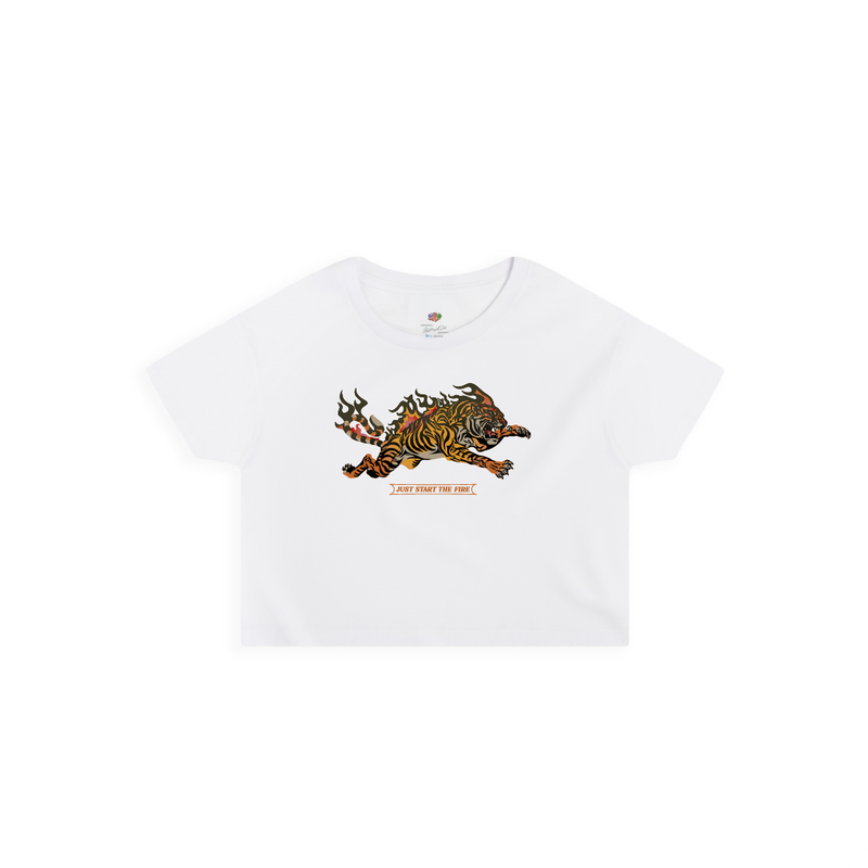 White crop top t-shirt with a tiger graphic and text on a white background