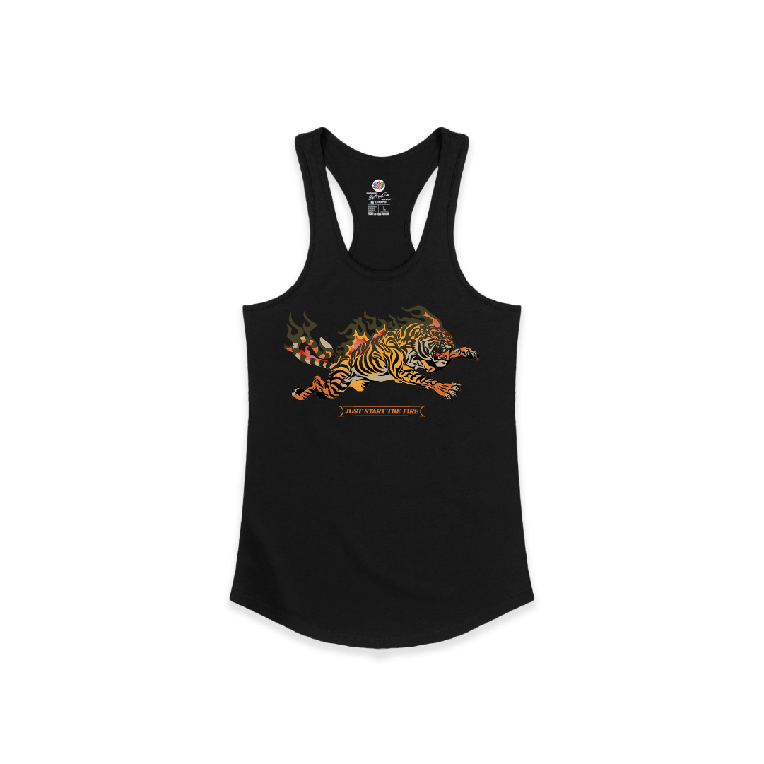 Black womens tank top with a tiger graphic and text on a white background