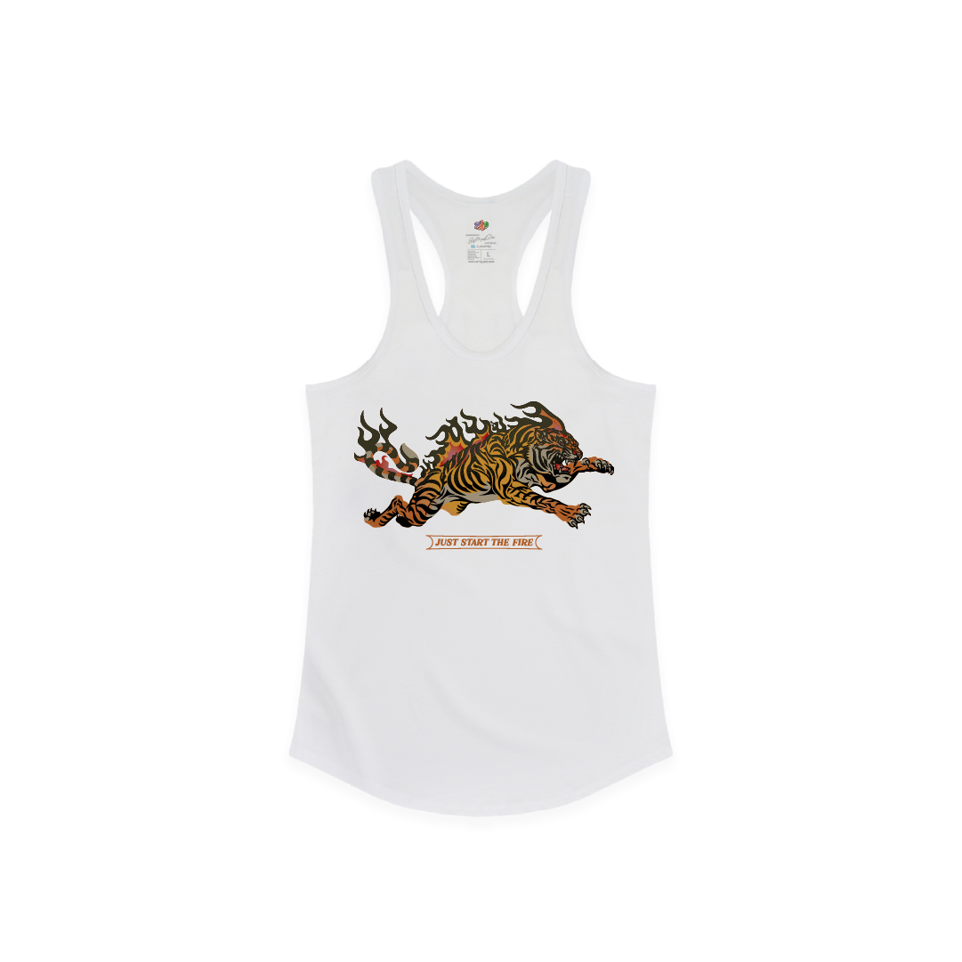 White womens tank top with a tiger graphic and text on a white background