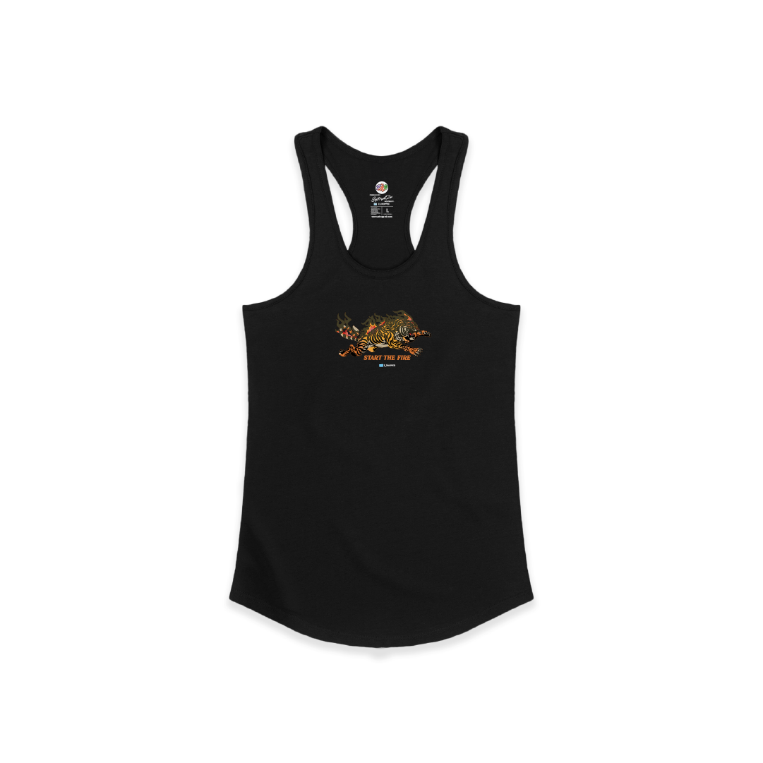 Black womens tank top with a logo on a white background