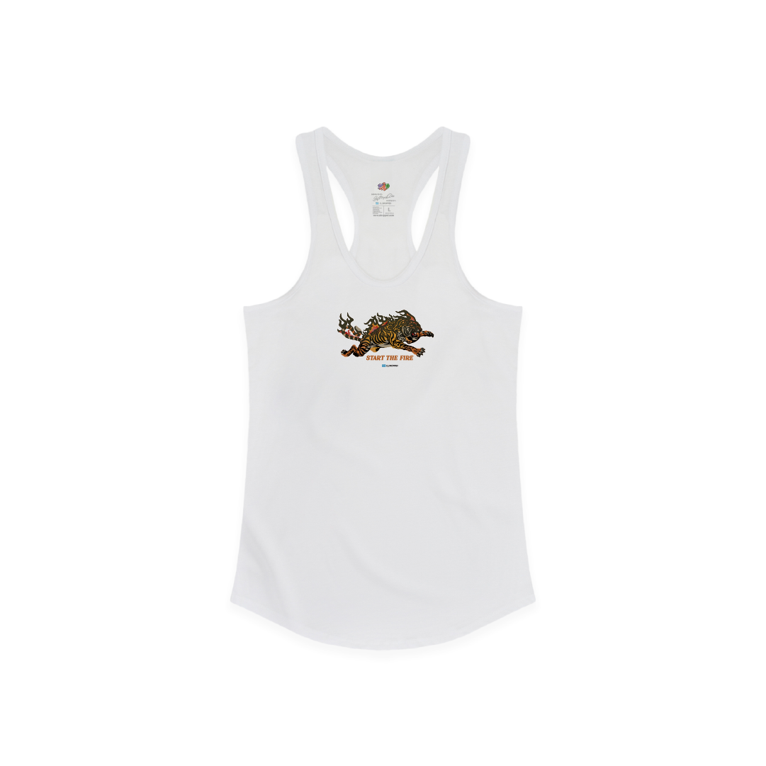 White womens tank top with a graphic design on a white background
