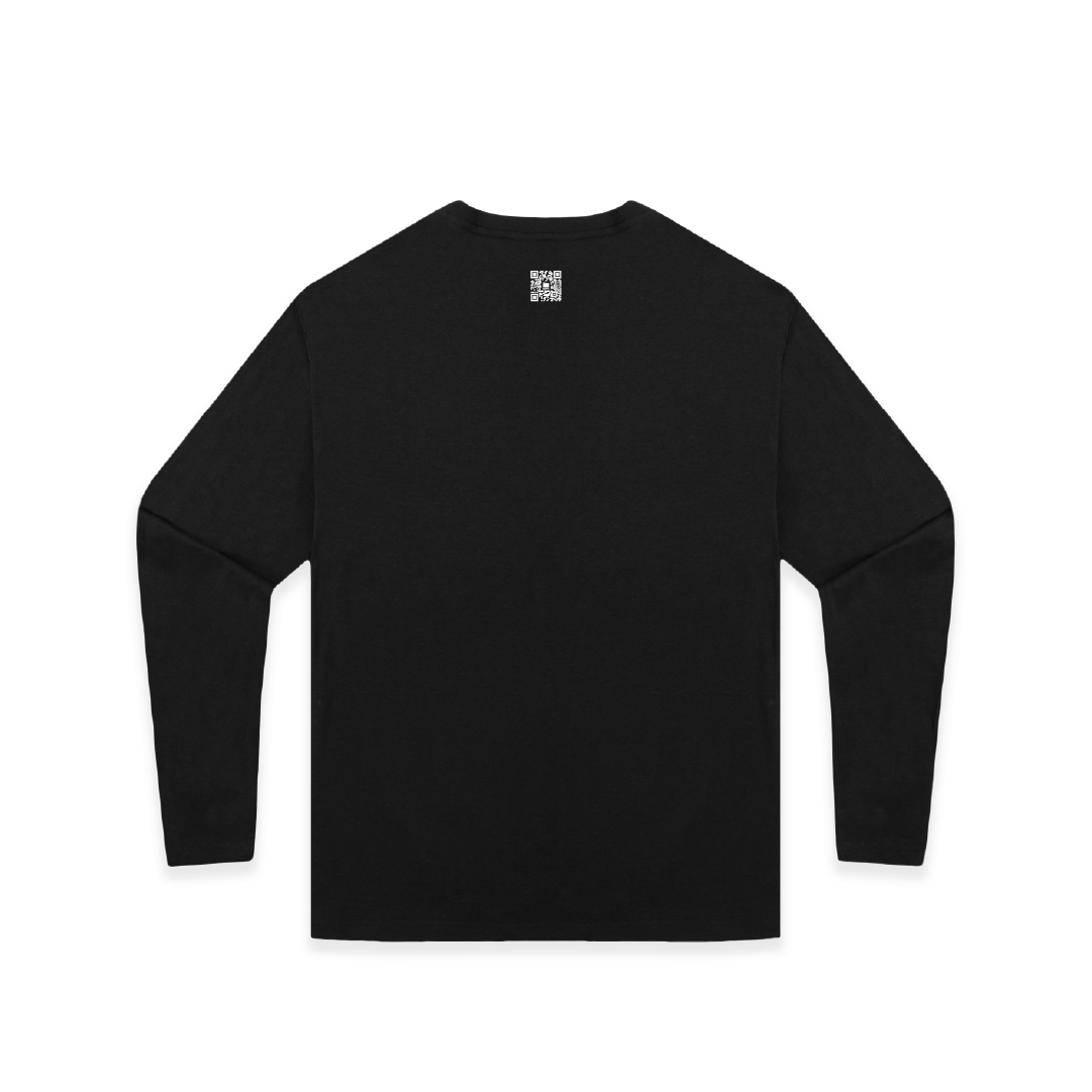 Black long-sleeve shirt a small white QR code printed on the back on a white background