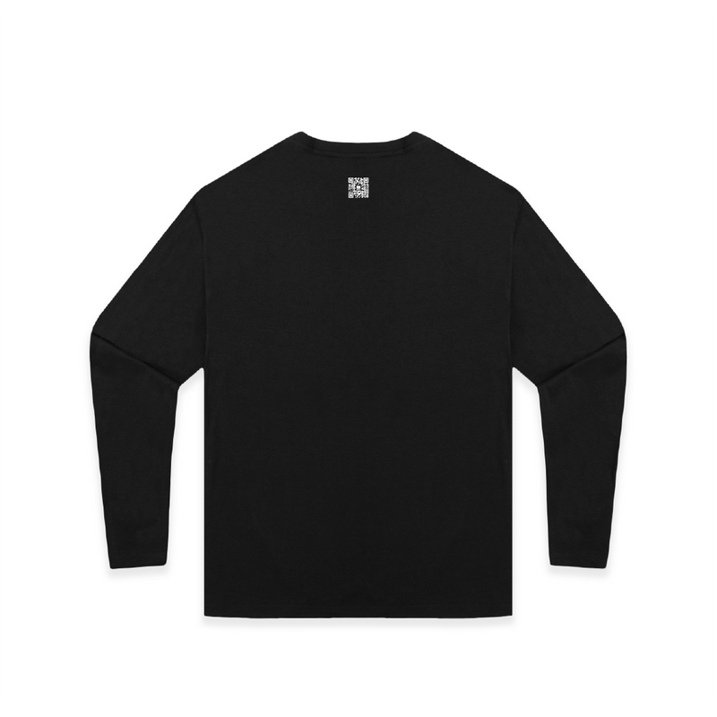 Black long-sleeve shirt a small white zdropped QR code printed on the back on a white background