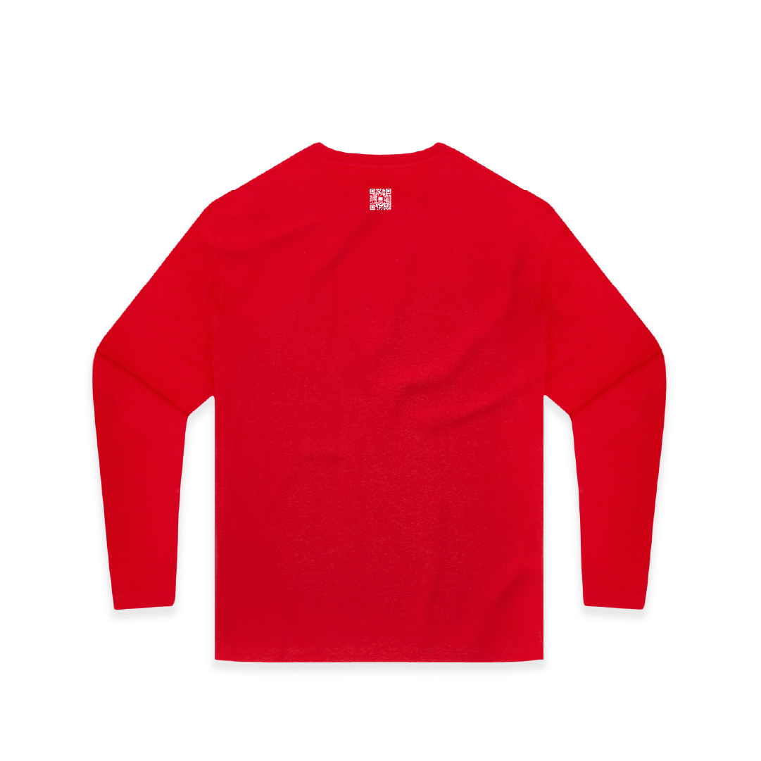 Red long-sleeve shirt with a small white zdropped QR logo on a white background