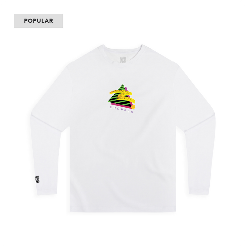 White long-sleeve shirt with colorful graphic on a white background