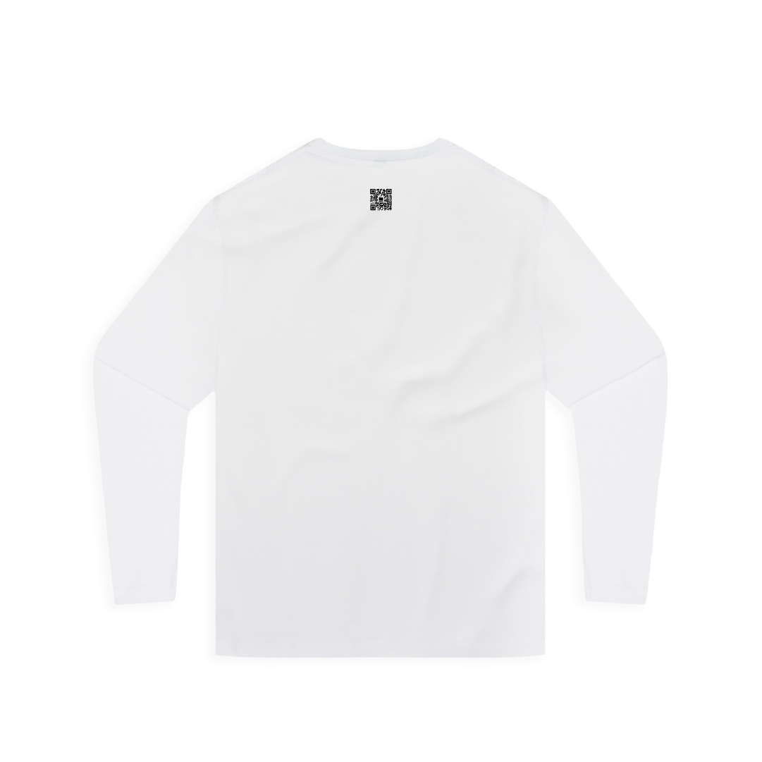 White long-sleeve shirt with a small black QR on a white background