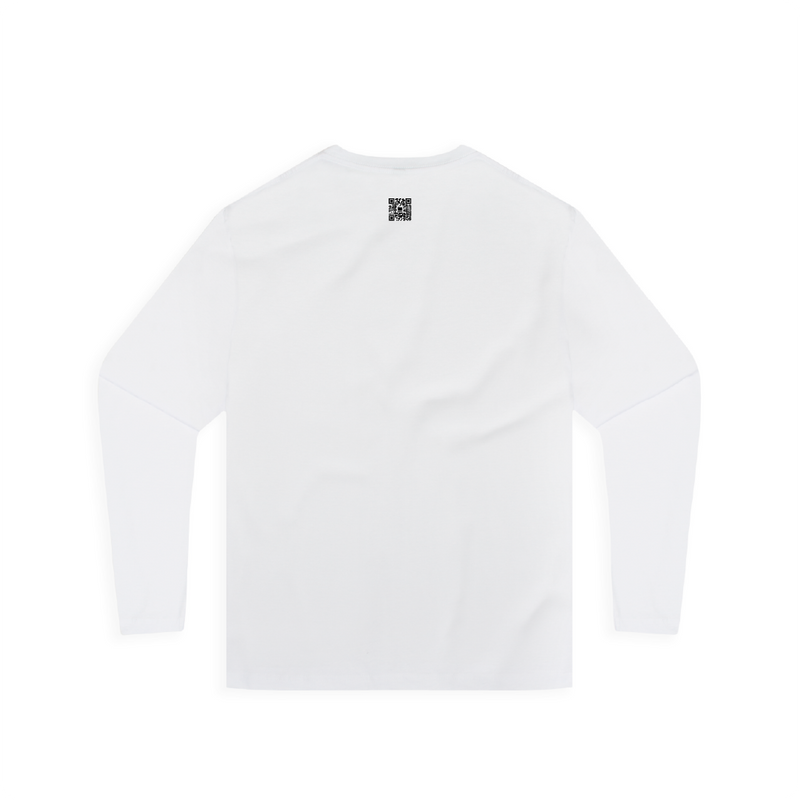 White long-sleeve shirt with a small black zdropped QR on a white background