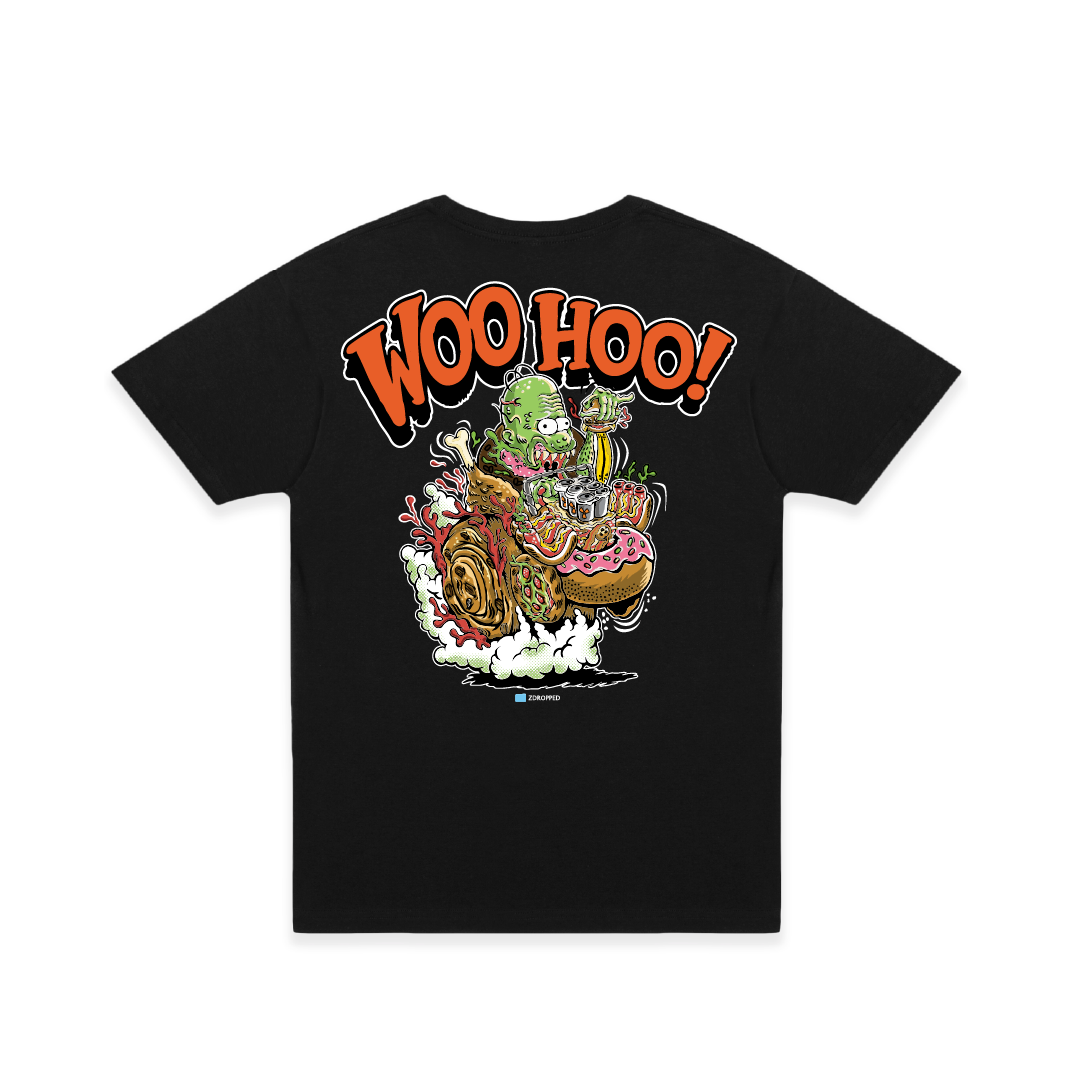 A black short-sleeve t-shirt shown from the back, featuring a large colorful graphic of a cartoon green character riding a junk food hot rod with the text 'WOO HOO!' in orange and white above it.