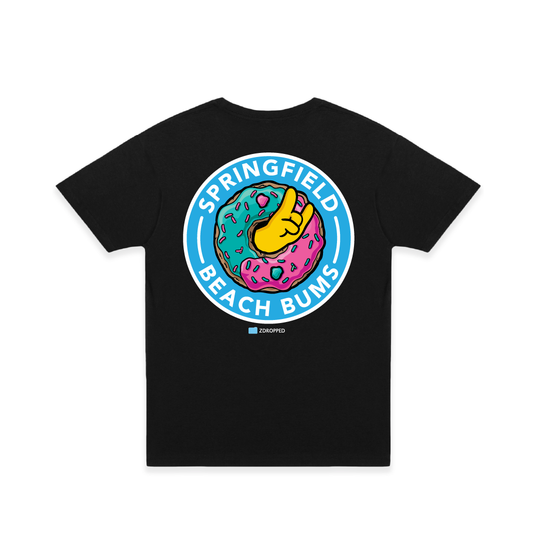 Rear view of a black unisex t-shirt with a large sprinkle donut on a whie background.