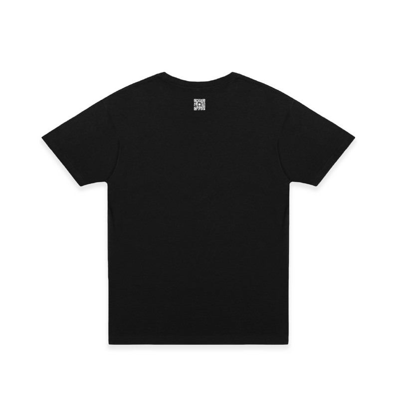 Rear view of a unisex black t-shirt with a small white zdropped QR logo printed on the back against a white background