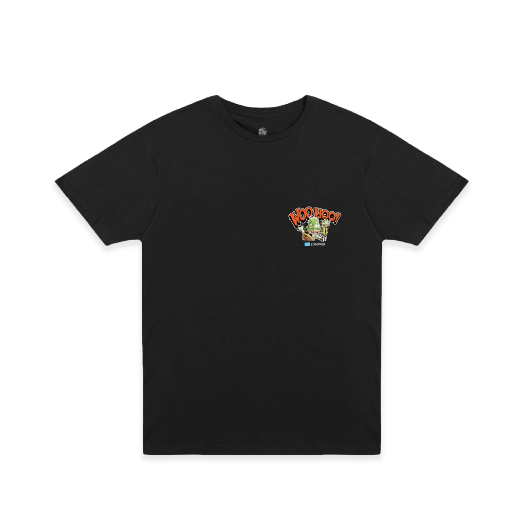 A black short-sleeve crewneck t-shirt with a small colorful graphic on the left chest, displayed flat against a plain white background.