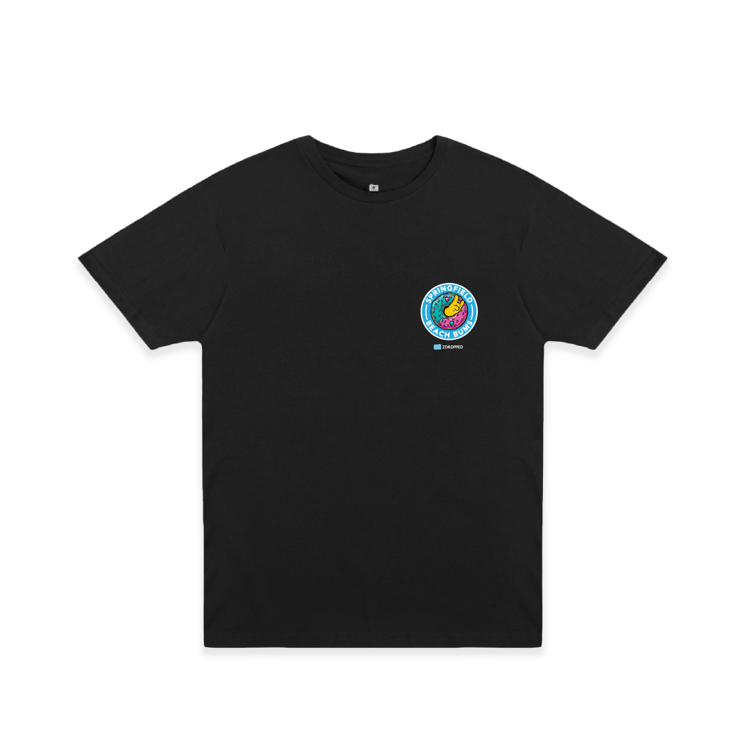 Front view of a black unisex t-shirt with a small sprinkle donut graphic on the chest.