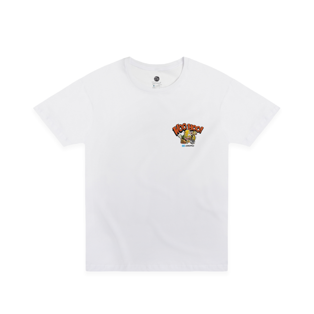 A white short-sleeve crewneck t-shirt featuring a small colorful graphic on the left chest with the text 'WOO HOO!' in red and yellow.
