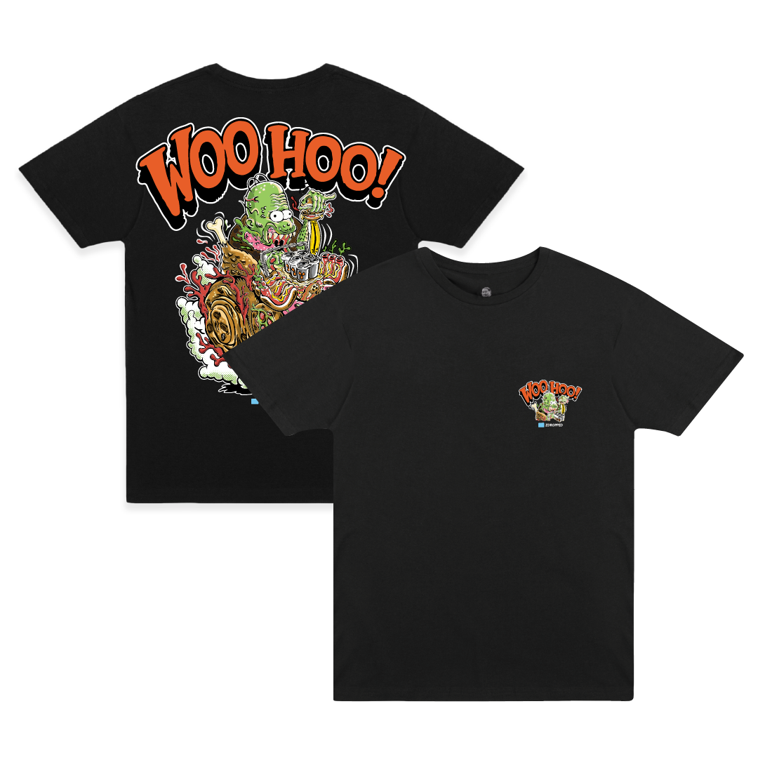 Black short-sleeve graphic T-shirt shown from both front and back on a white background. The back features a large colorful cartoon-style graphic with the word 'WOO HOO!' in orange.