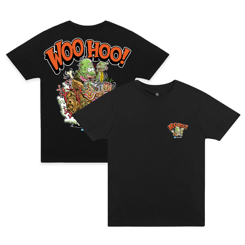Black short-sleeve graphic T-shirt shown from both front and back on a white background. The back features a large colorful cartoon-style graphic with the word 'WOO HOO!' in orange.