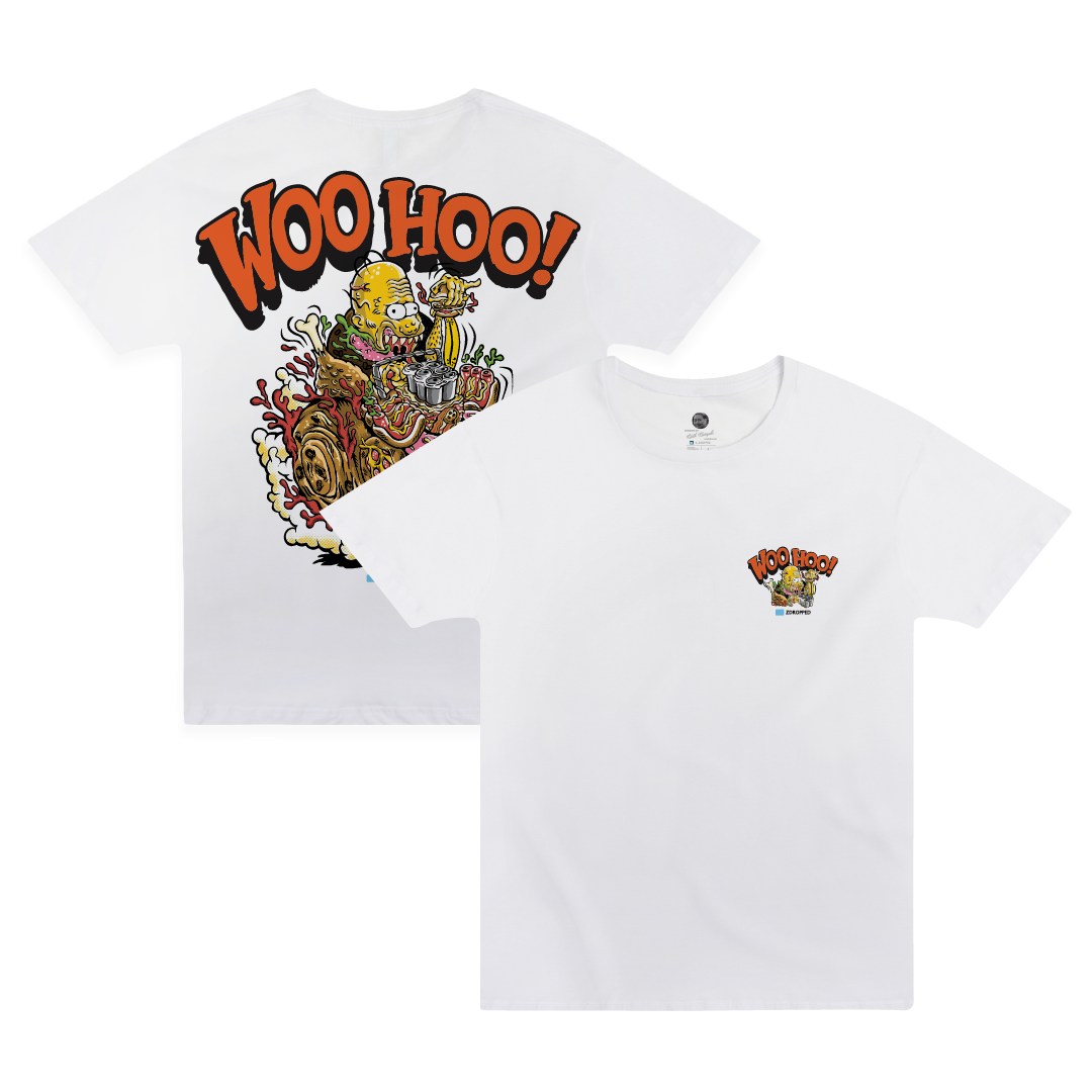 White short-sleeve T-shirt shown from both front and back. The back features a large orange 'WOO HOO!' graphic with a cartoon character illustration.