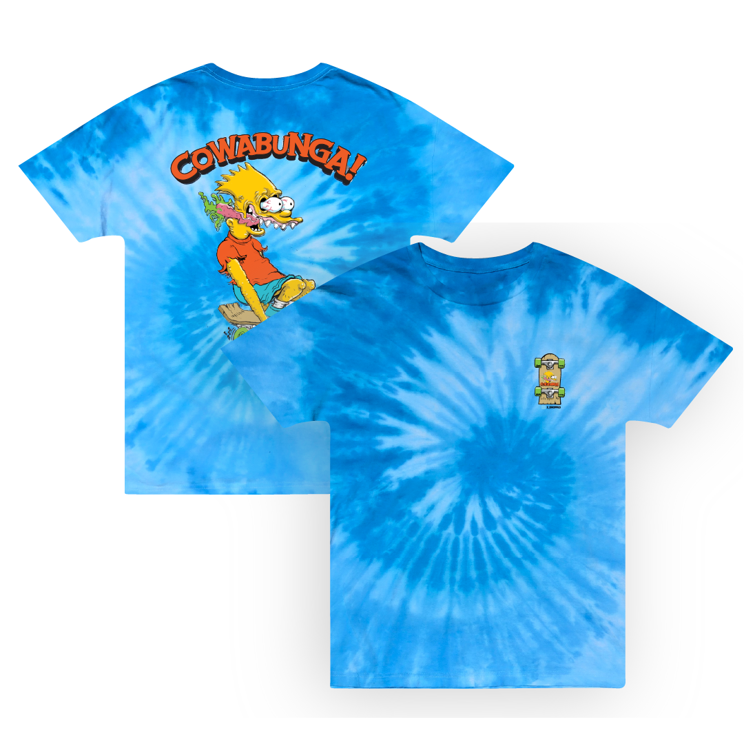 Front and back view of a blue tie-dye t-shirt with a bart simpson character and 'Cowabunga!' text on a white background