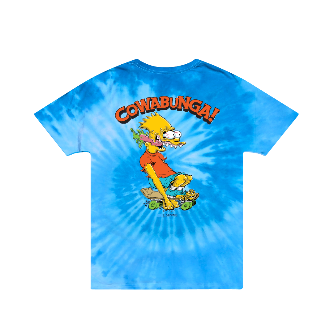 Rear view of a blue tie-dye t-shirt with a bart simpson's character and 'Cowabunga!' text on a white background
