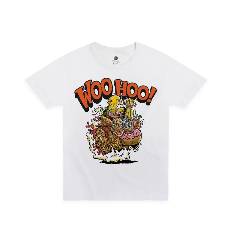 A white short-sleeve crewneck t-shirt featuring a colorful cartoon graphic of Homer Simpson eating a donut with the text 'WOO HOO!' in orange above it, displayed on a clean white background.