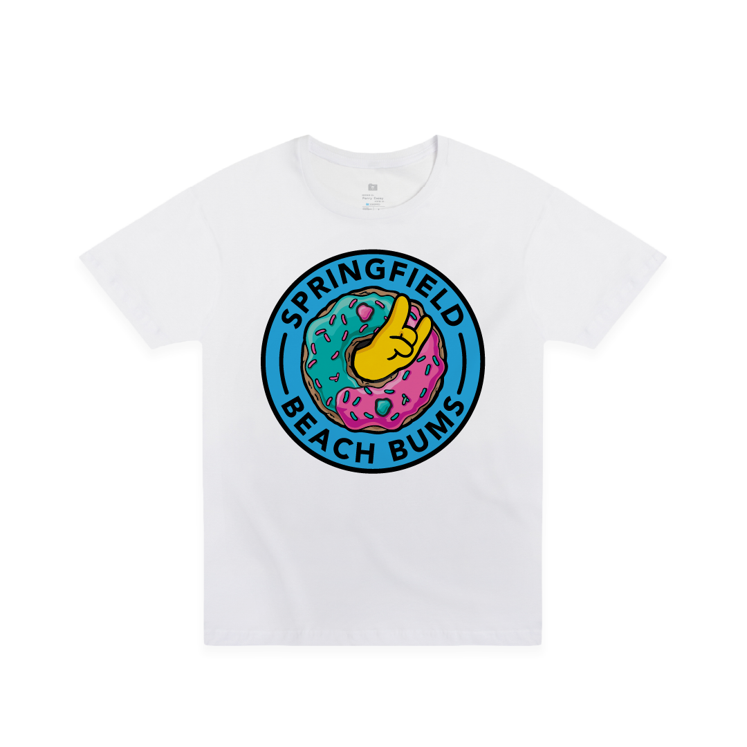 Front view of a white unisex t-shirt with a large sprinkle donut and 'Springfield Beach Bum' text graphic on a white background.