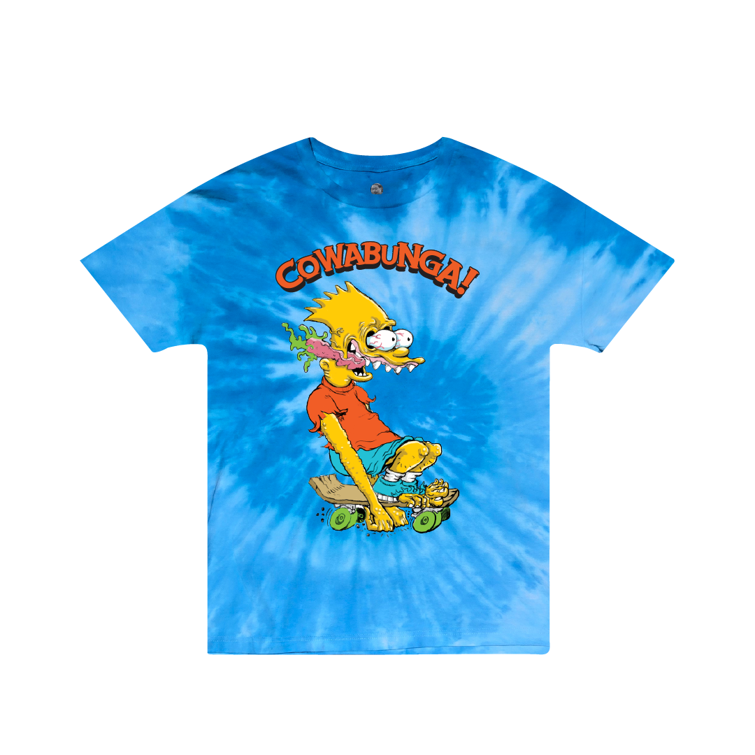 Front view of a blue tie-dye t-shirt with a large bart simpson's character and 'Cowabunga!' text on a white background