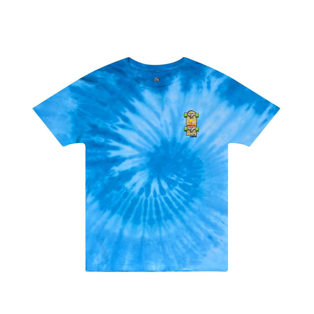 Front view of a blue tie-dye t-shirt with a small skateboard graphic on the chest on a white background