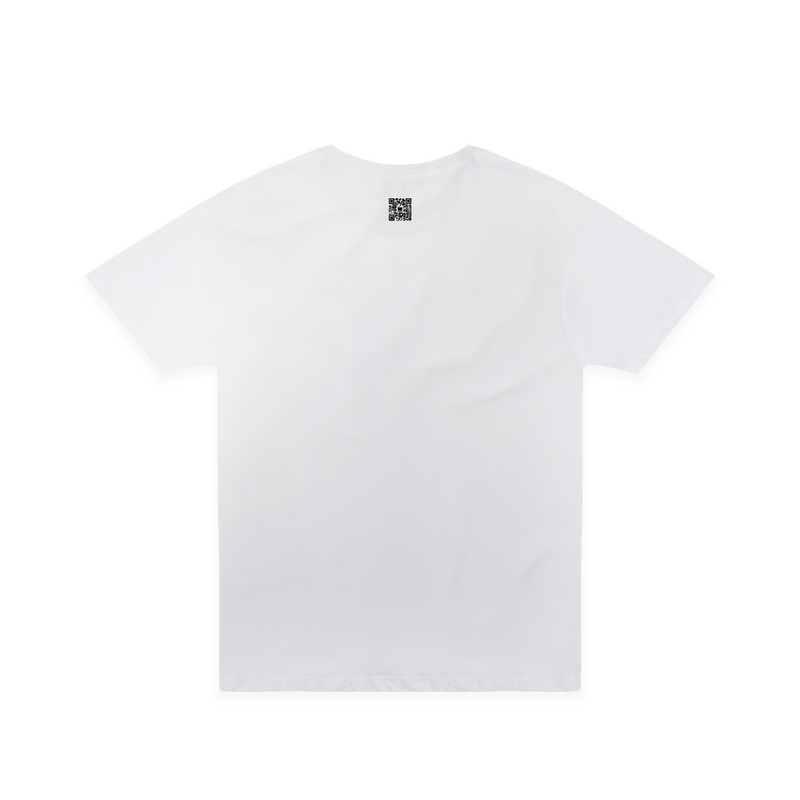 Rear view of a unisex white t-shirt with a small black zdropped QR logo printed on the back against a white background
