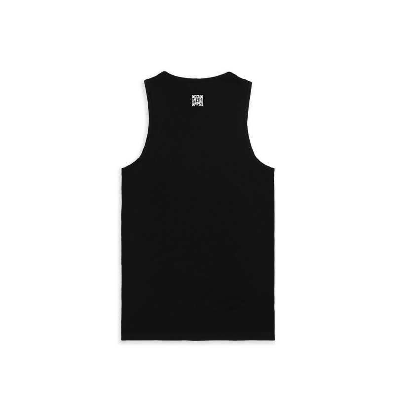 Rear view of a black tank top with a small white zdropped QR code printed on the back on a white background.