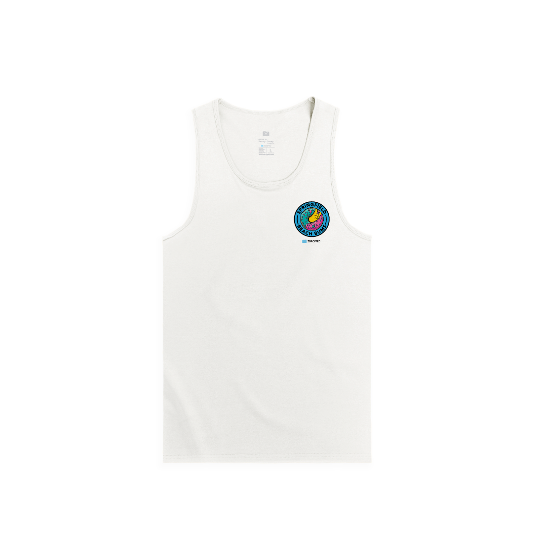 Front view of a white unisex tank top featuring a small colorful sprinkle donut graphic and 'Springfield Beach Bums' text on the chest.