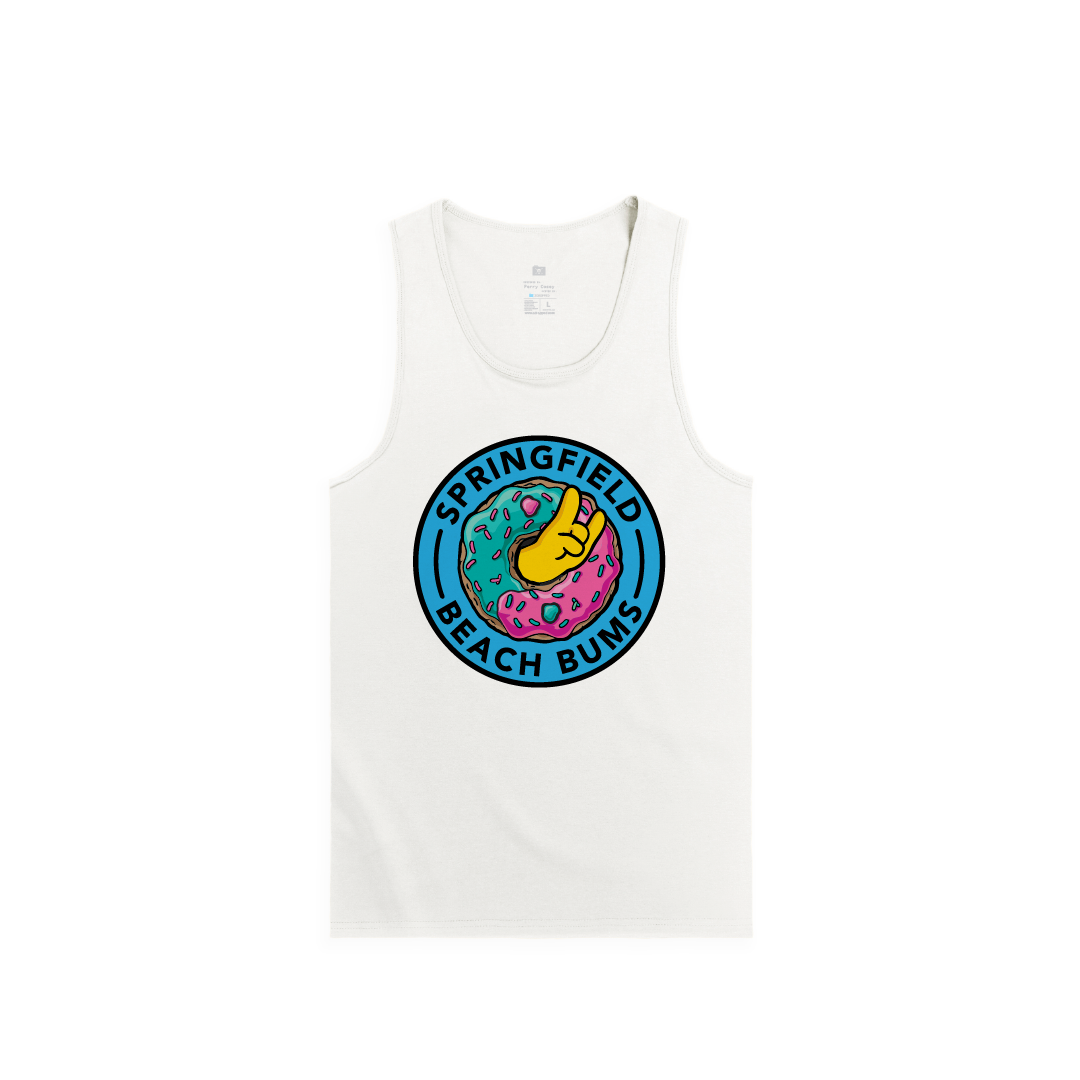 Front view of a white unisex tank top featuring a large colorful sprinkle donut graphic and 'Springfield Beach Bums' text.